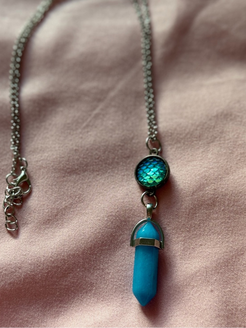 Iridescent Blue Crystal Pendant Necklace with Mermaid-Style Jewel
